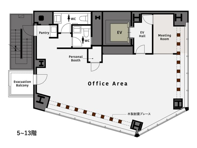 フロア図。内装付きフロアは、会議室とフォンブースが備わっています。