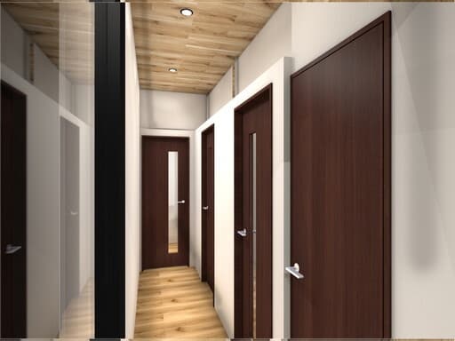 共用部_廊下。スマートロックによるセキュリティ管理が行われています。