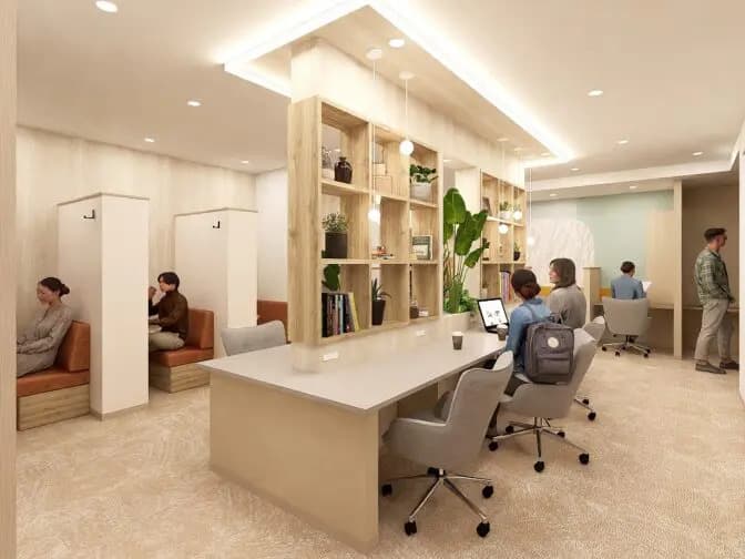 共有部_カフェブース。食事・通話・WEB会議OKの作業スペースです。※画像はイメージです。©bizcomfort