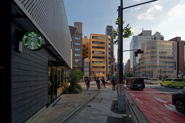 外観_スターバックスの向こうに見える淡路町駅前ビルの3階。