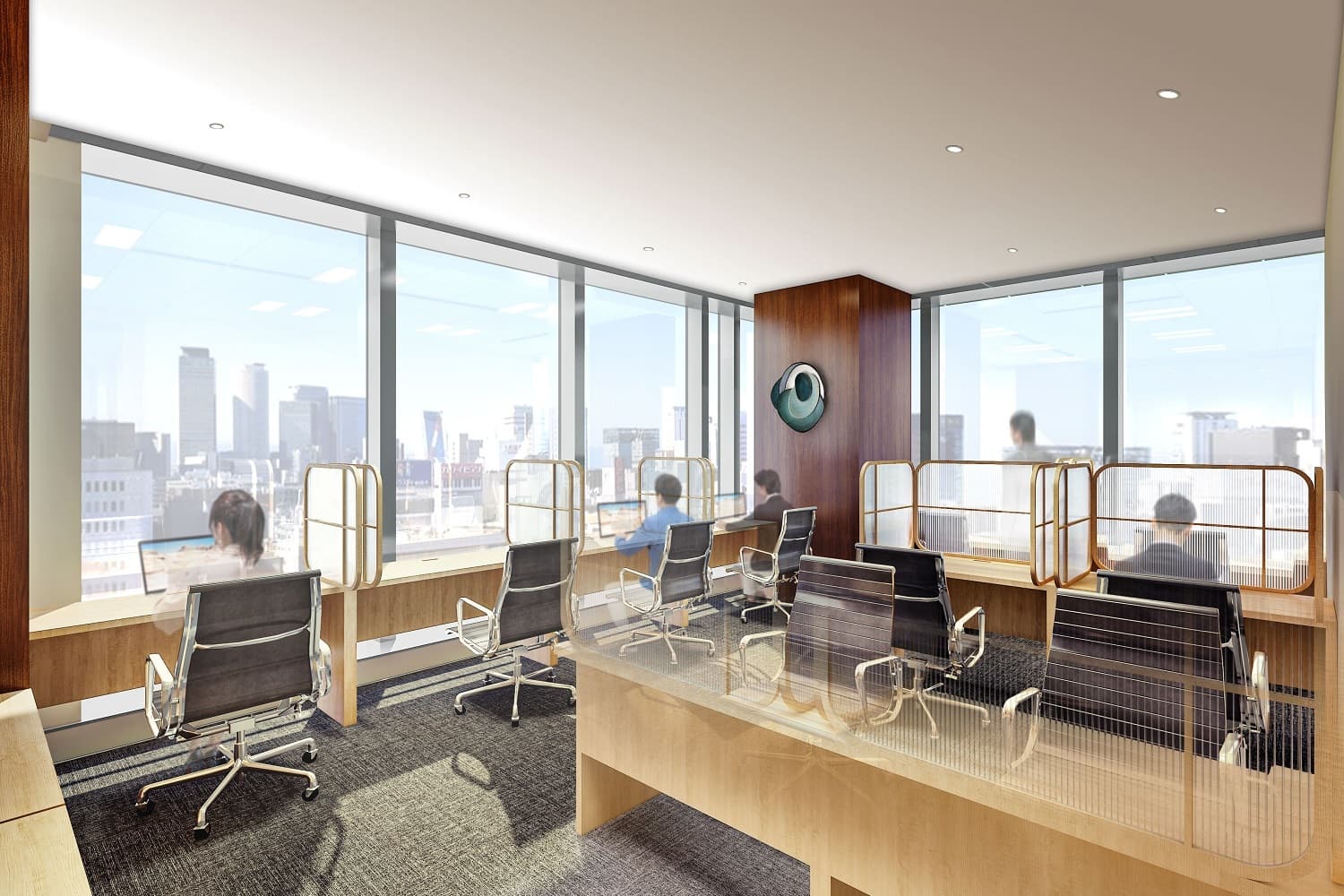 共用部_コワーキングスペースです。集中して作業に取り組めるようコンセント付きの席など様々な設備が用意されています。