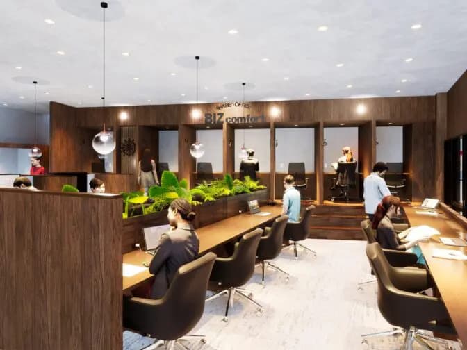 共有部_カフェブース。食事・通話・WEB会議OKの作業スペースです。※画像はイメージです。©bizcomfort