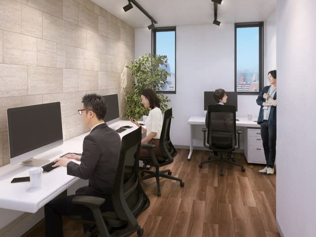 個室_窓、家具、専用エアコン付、ラウンジ利用とフリードリンクがご利用可能です。