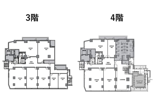 3・4階フロアマップ。共用のラウンジや会議室は4階にあります。