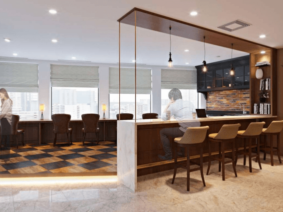 共用部_ビジネスラウンジ。セルフサービスのコーヒーが楽しめるスペースもあります。