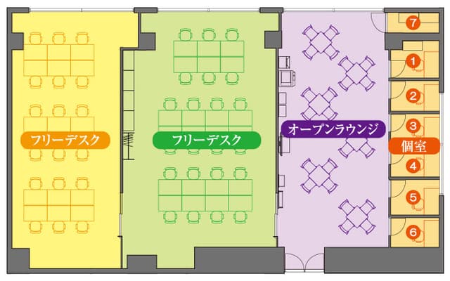 フロアマップ。フリーデスクエリアは、私語・電話OKゾーンとNGゾーンに分かれています。