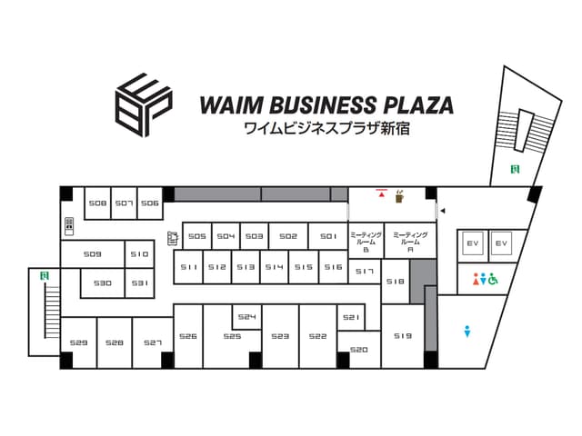 フロアマップ。1名用から5名用まで、コンパクトな個室オフィスが中心です。