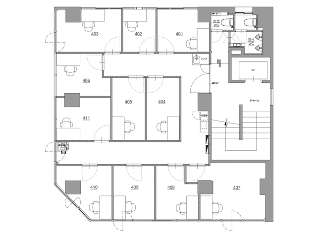 フロア図_4階がオフィスフロアです。トイレは男女別です。