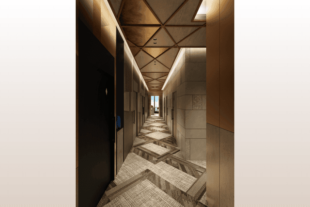 EXEVIA_共用部廊下。静謐を湛える廊下では、響く足音にまで上質さが宿ります。