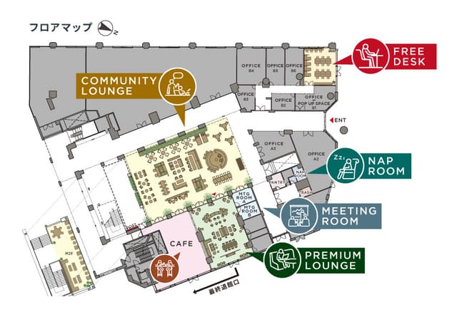 Floor Map_2つのラウンジやカフェ、会議室など充実したパブリックサービスをご用意。
