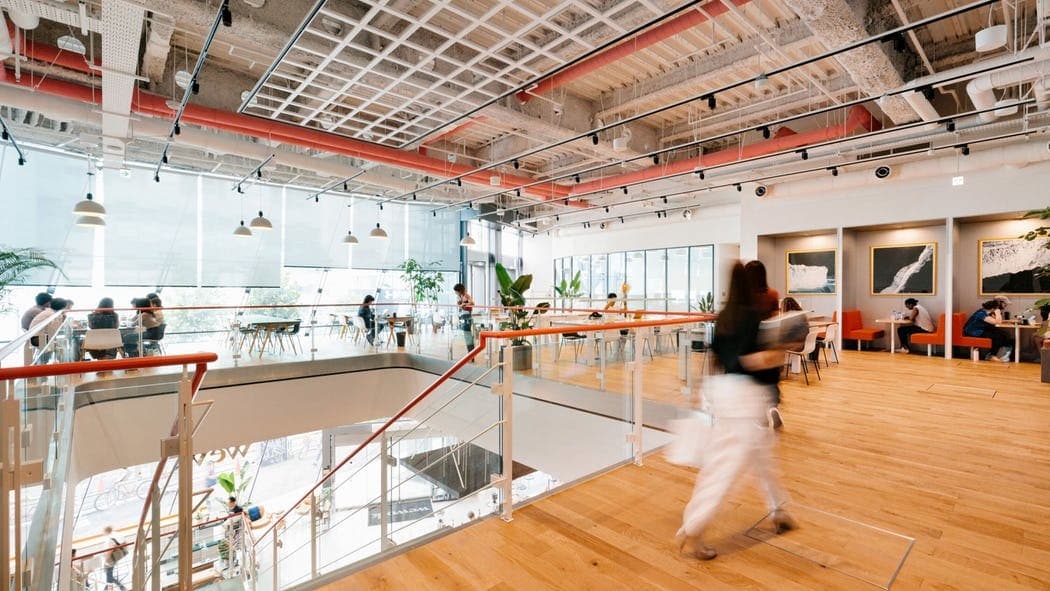 共有スペース_開放的な空間なので色んな人と交流でき、アイデアが浮かびそうです©WeWork