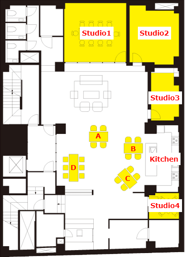 見取り図_シェアスペース(C-Lounge)全体の見取り図です。お客様のニーズに合わせ、様々な組み合わせでお使いいただけます。©theC