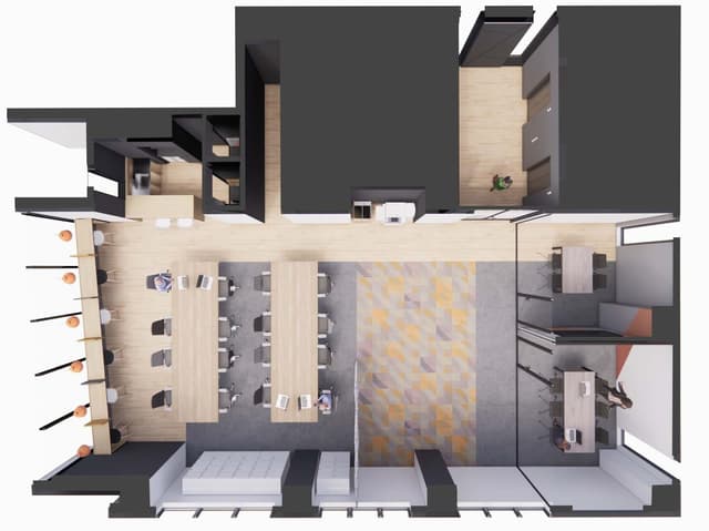 フロアレイアウト_基準階面積約54坪のオフィスフロアです。家具の一部が用意され、自由なレイアウトができるエリアもあります。