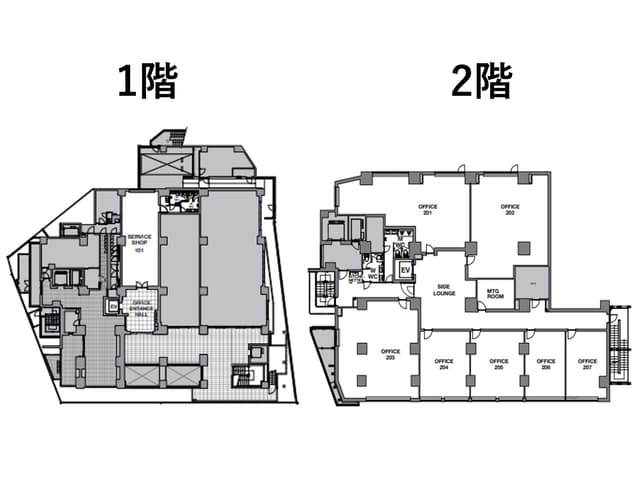 1・2階フロアマップ。オフィスだけでなく、サロンやショールームとしてもご利用いただけます。