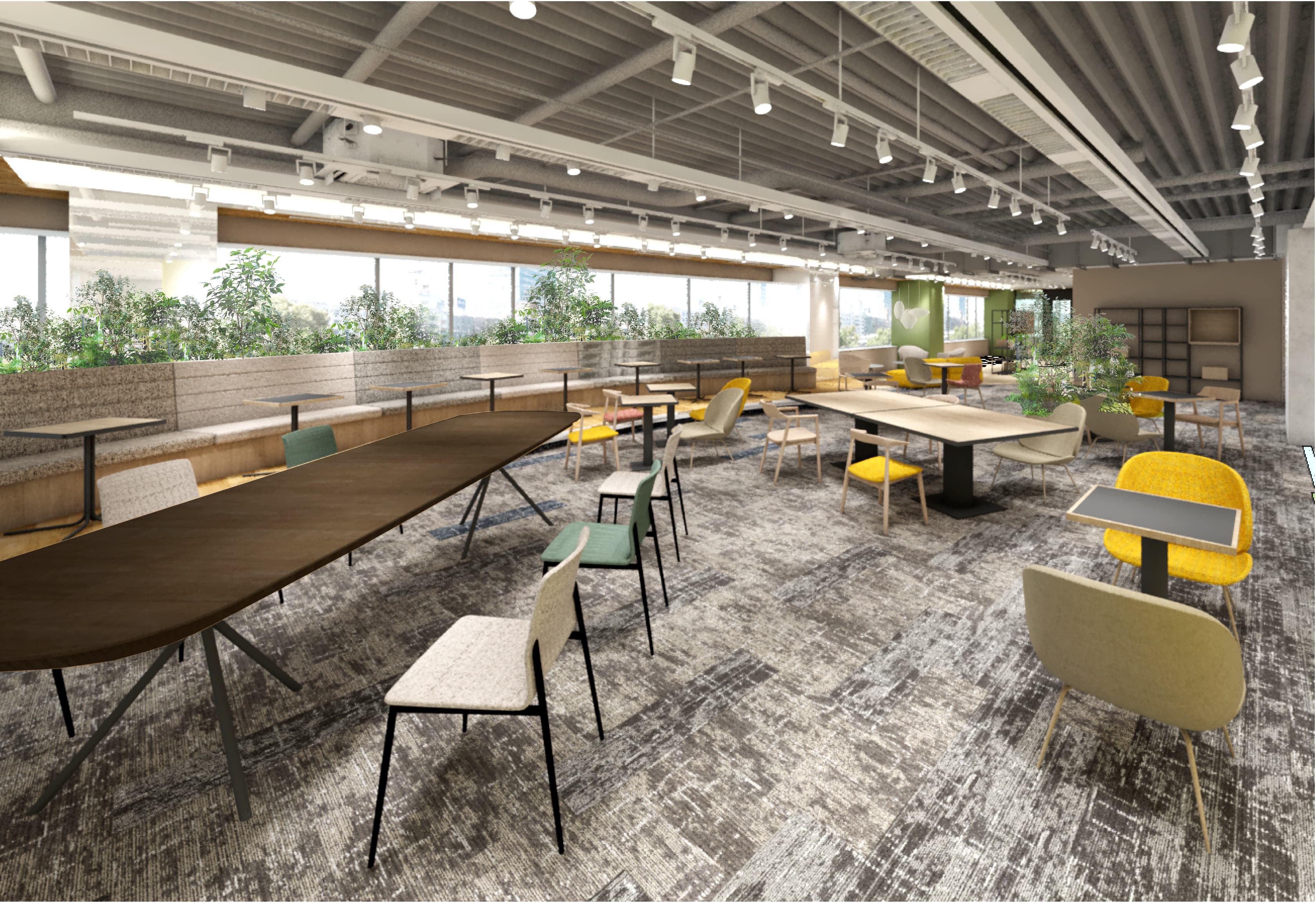 共有部_ ラウンジ。会議室やフリードリンクが利用できる他、LEDモニターなどを完備しておりイベントの開催スペースとしてもご利用いただけます。