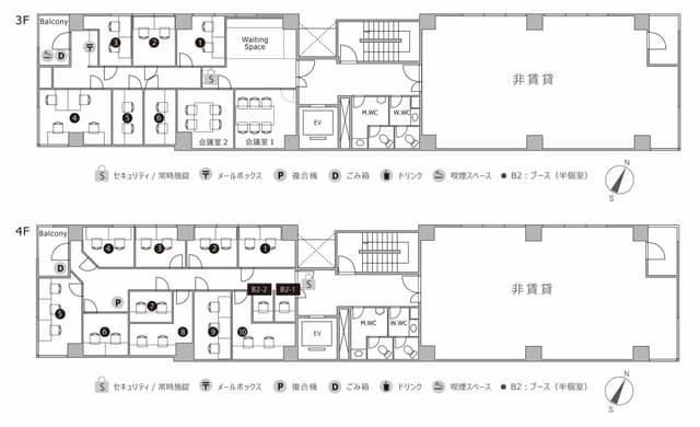 3F,4Fのフロア図。