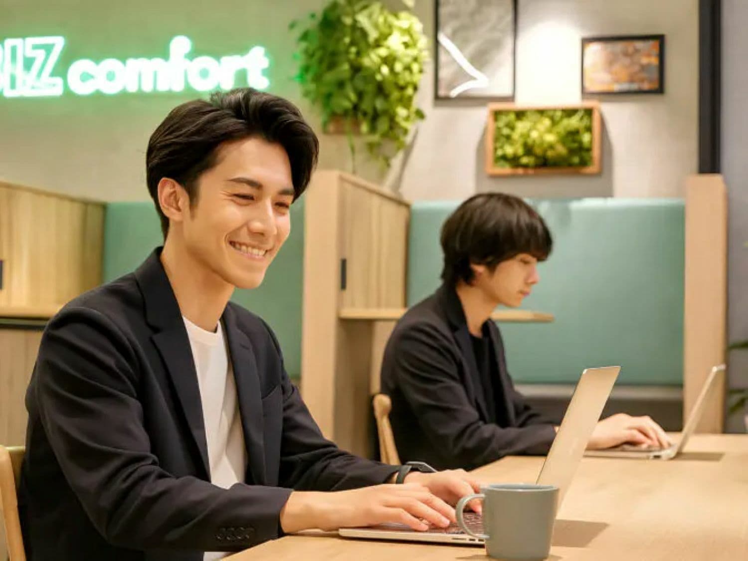 共有部_カフェブース。食事・通話・WEB会議OKの作業スペースです。※画像はイメージです。©bizcomfort