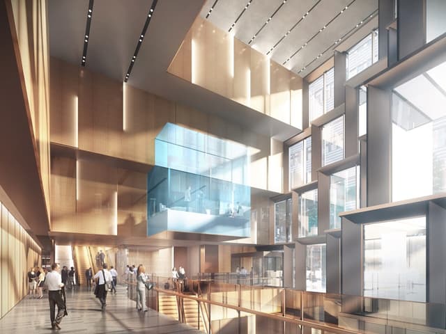 外観_エントランス。ビルエントランスでは最新テクノロジーによるタッチレス化を推進しています。共用部_会議室。会議室にはモニターやネット環境が準備されています。※画像はイメージです。